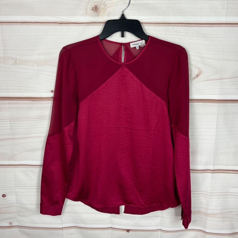1. State Satin Blouse Womens XS Red Top Crew Neck Split Back Pullover Solid